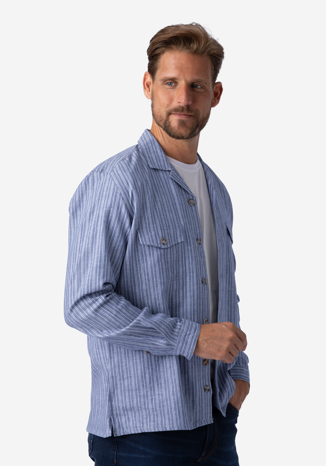 Light Pastel Blue Stripe Linen Overshirt