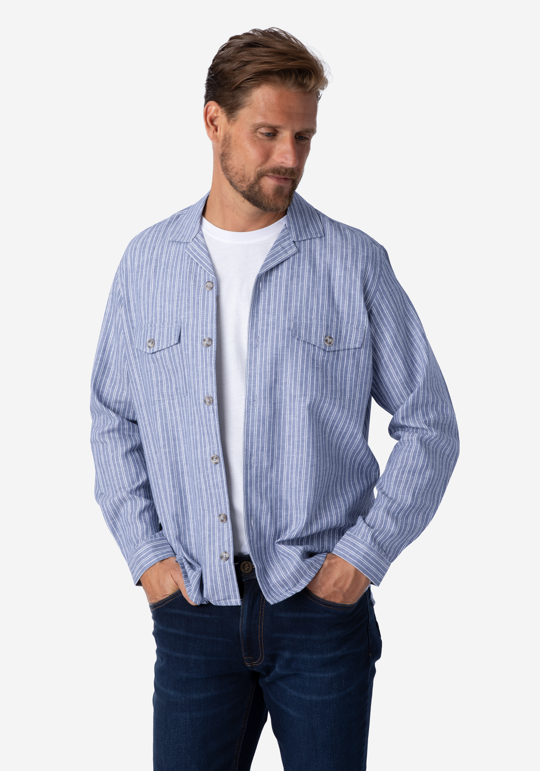 Light Pastel Blue Stripe Linen Overshirt