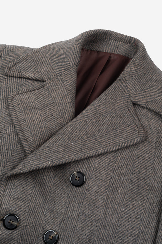Dim Beige Double-Breasted Herringbone Coat