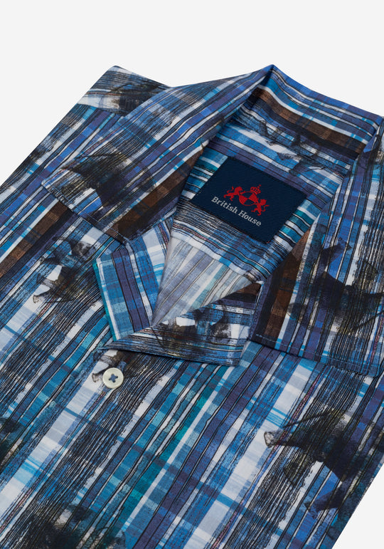 Vivid Blue Printed Poplin Resort Shirt - Short Sleeve