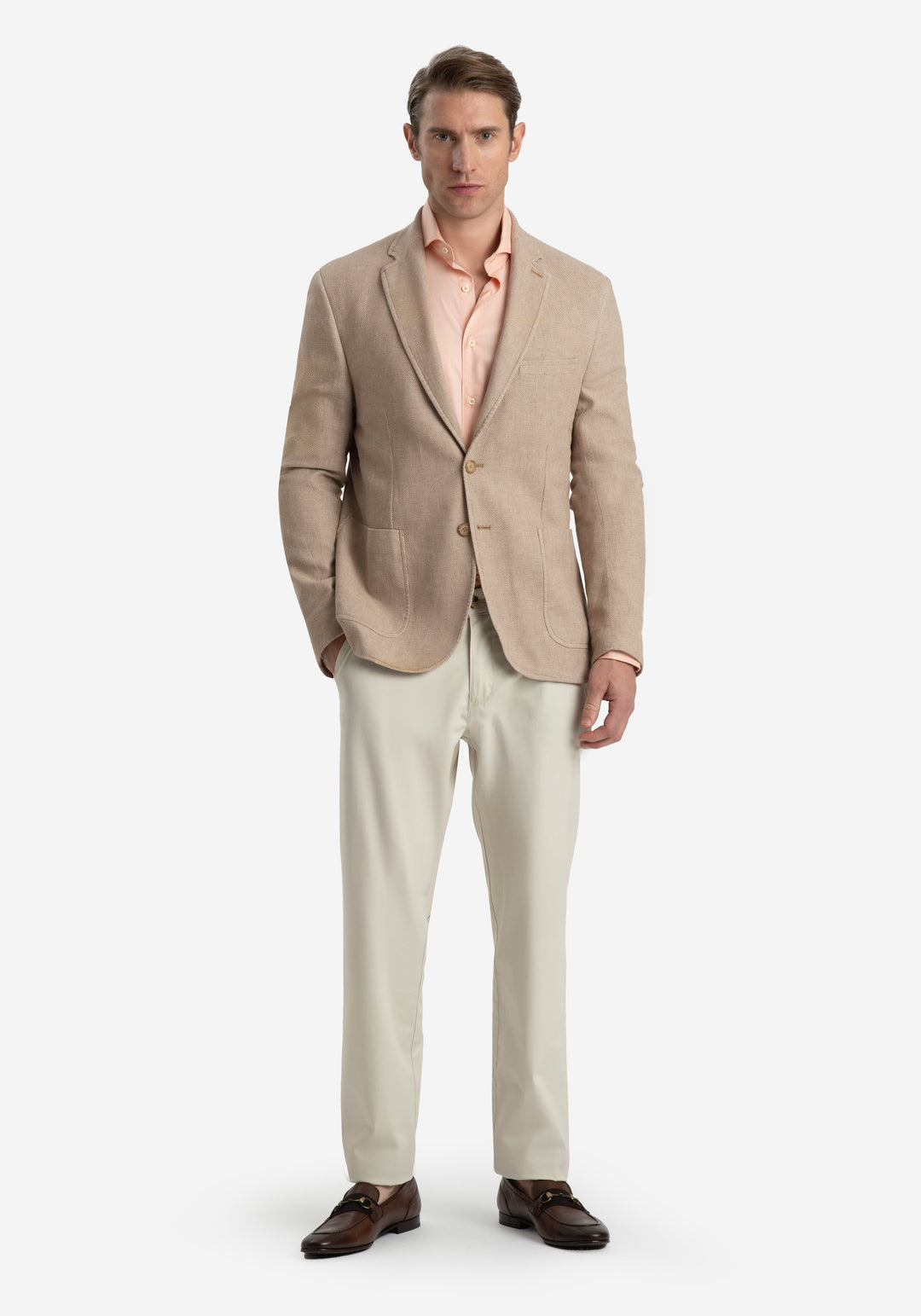 Contemporary Fit Sand Brown Dotted Linen Blend Blazer