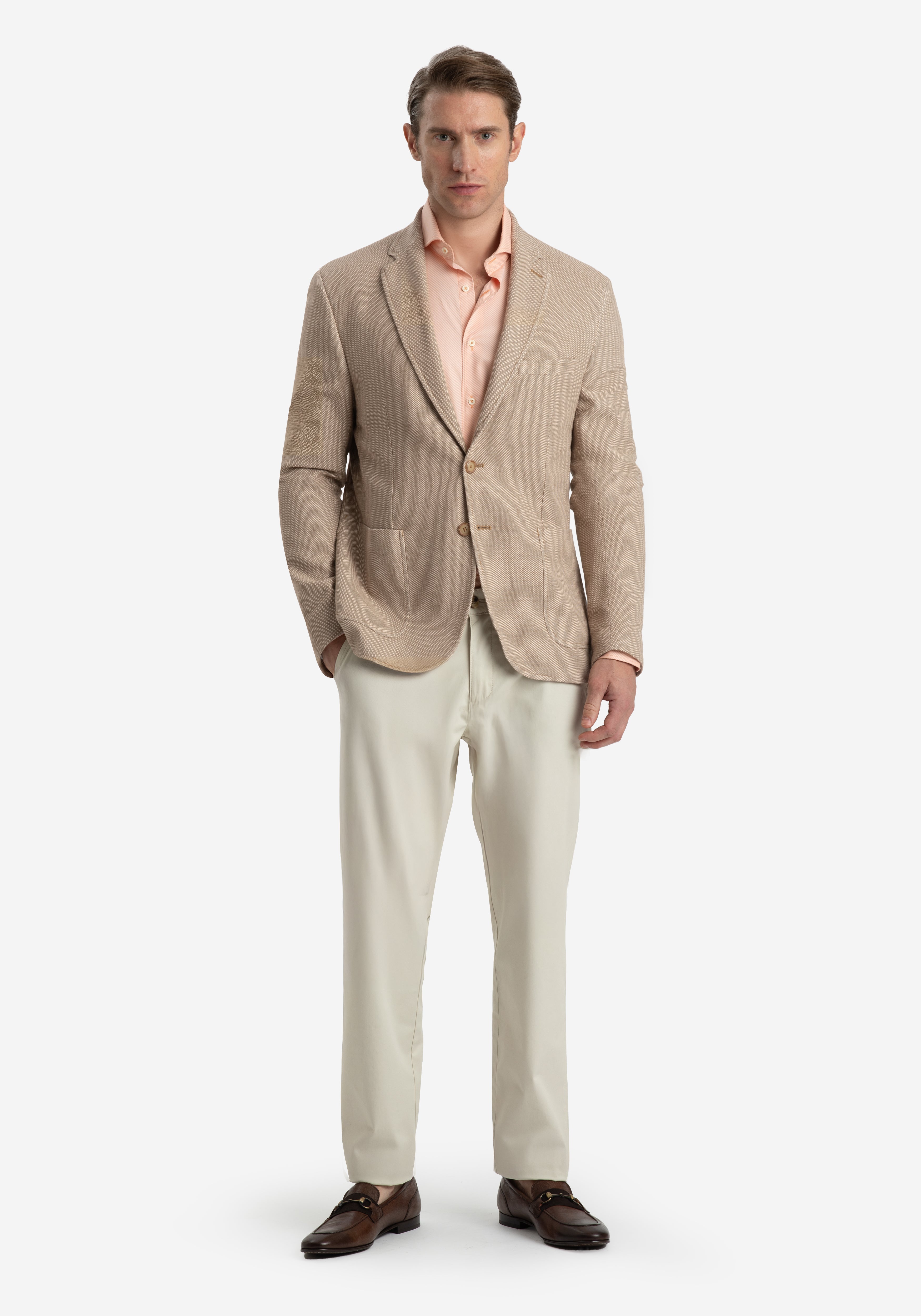 Contemporary Fit Sand Brown Dotted Linen Blend Blazer