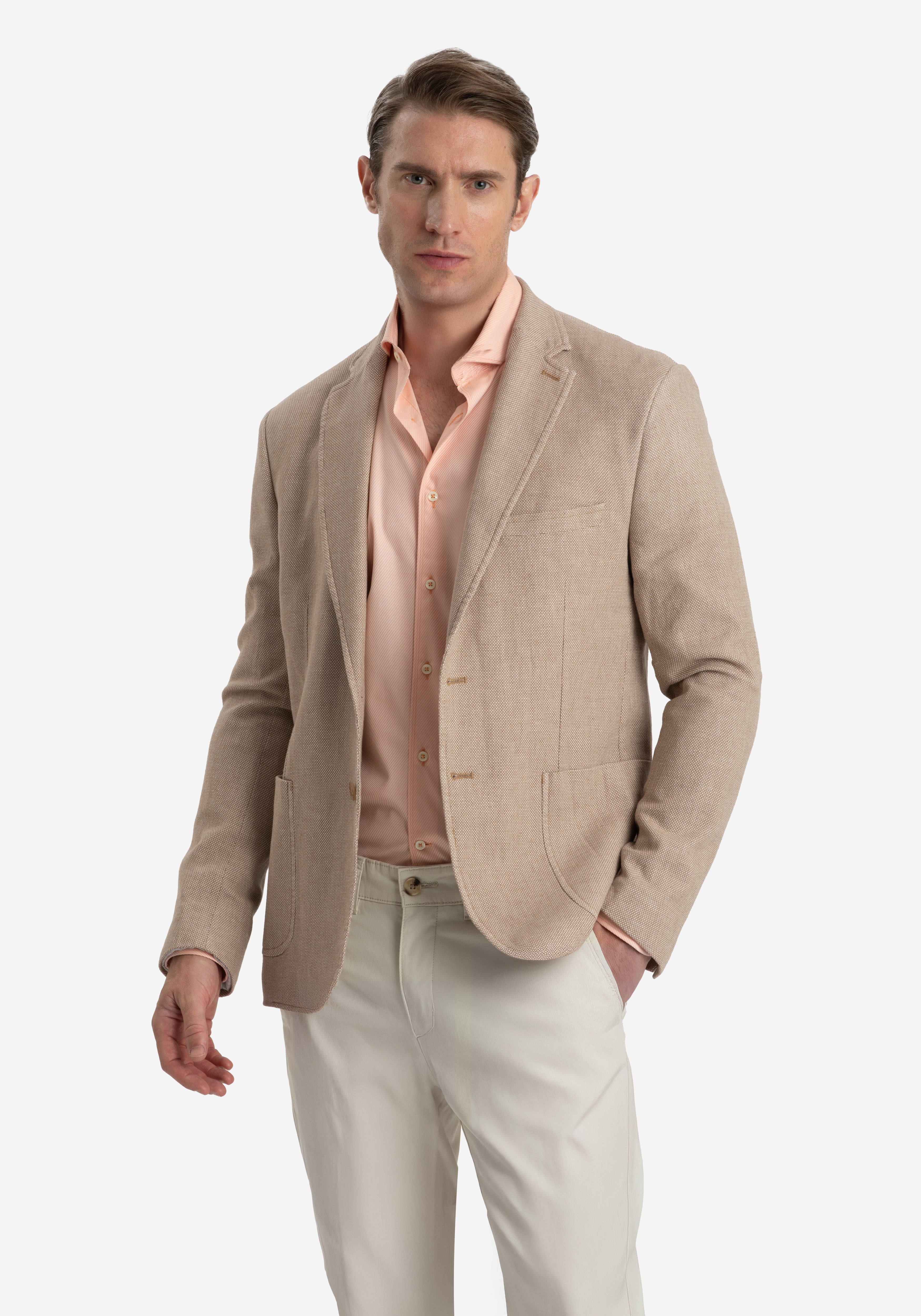 Contemporary Fit Sand Brown Dotted Linen Blend Blazer