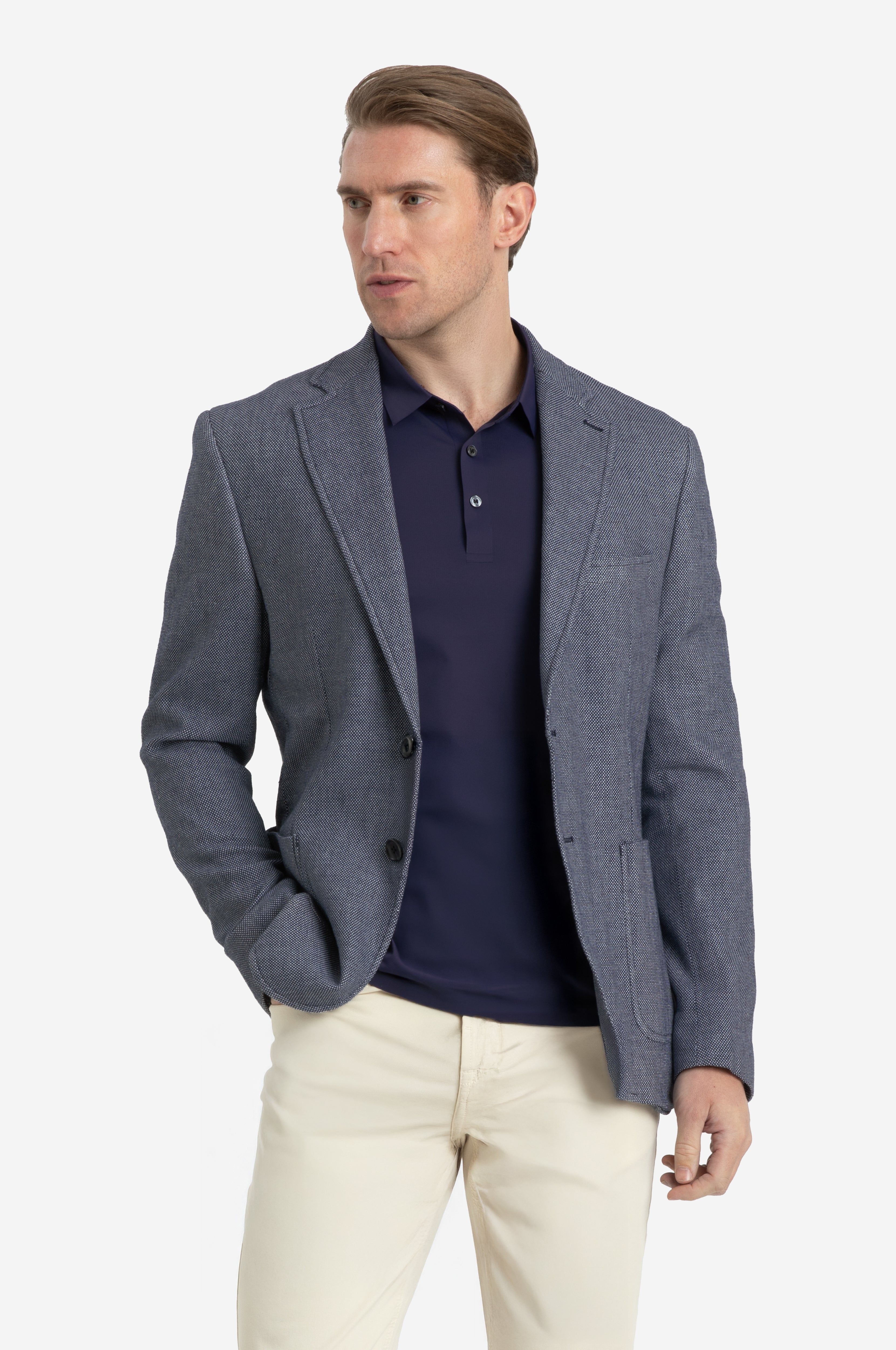 Contemporary Fit Vintage Navy Dotted Linen Blend Blazer