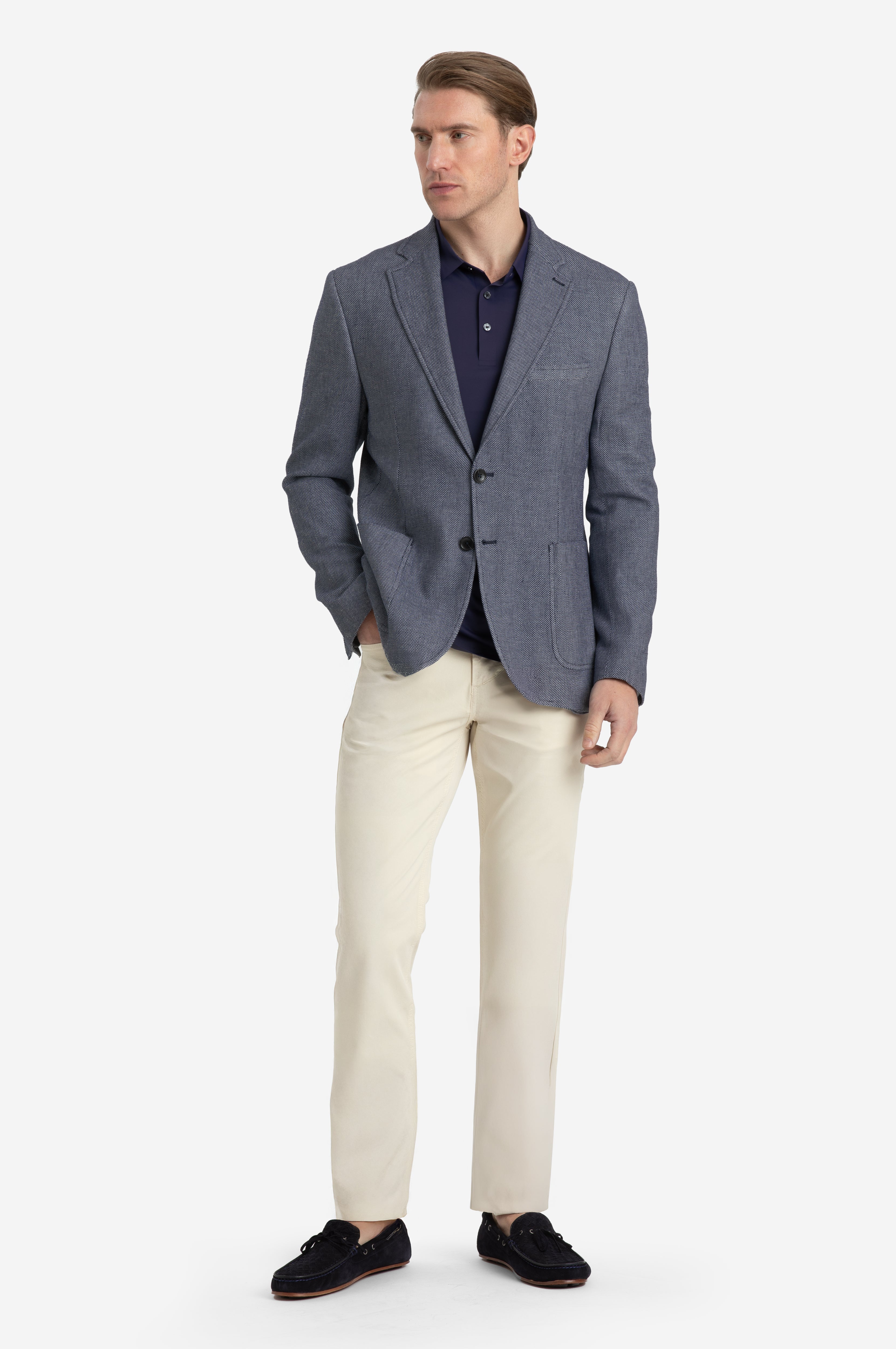 Contemporary Fit Vintage Navy Dotted Linen Blend Blazer