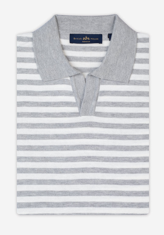 Pearl Grey Stripe Knitted Polo Shirt