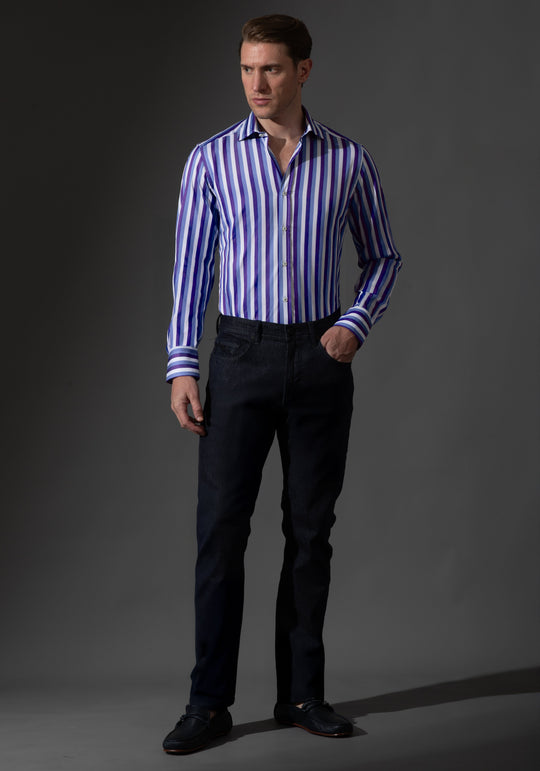 Giza 87 Cotton Parti-Colored Stripe Fine Twill Shirt