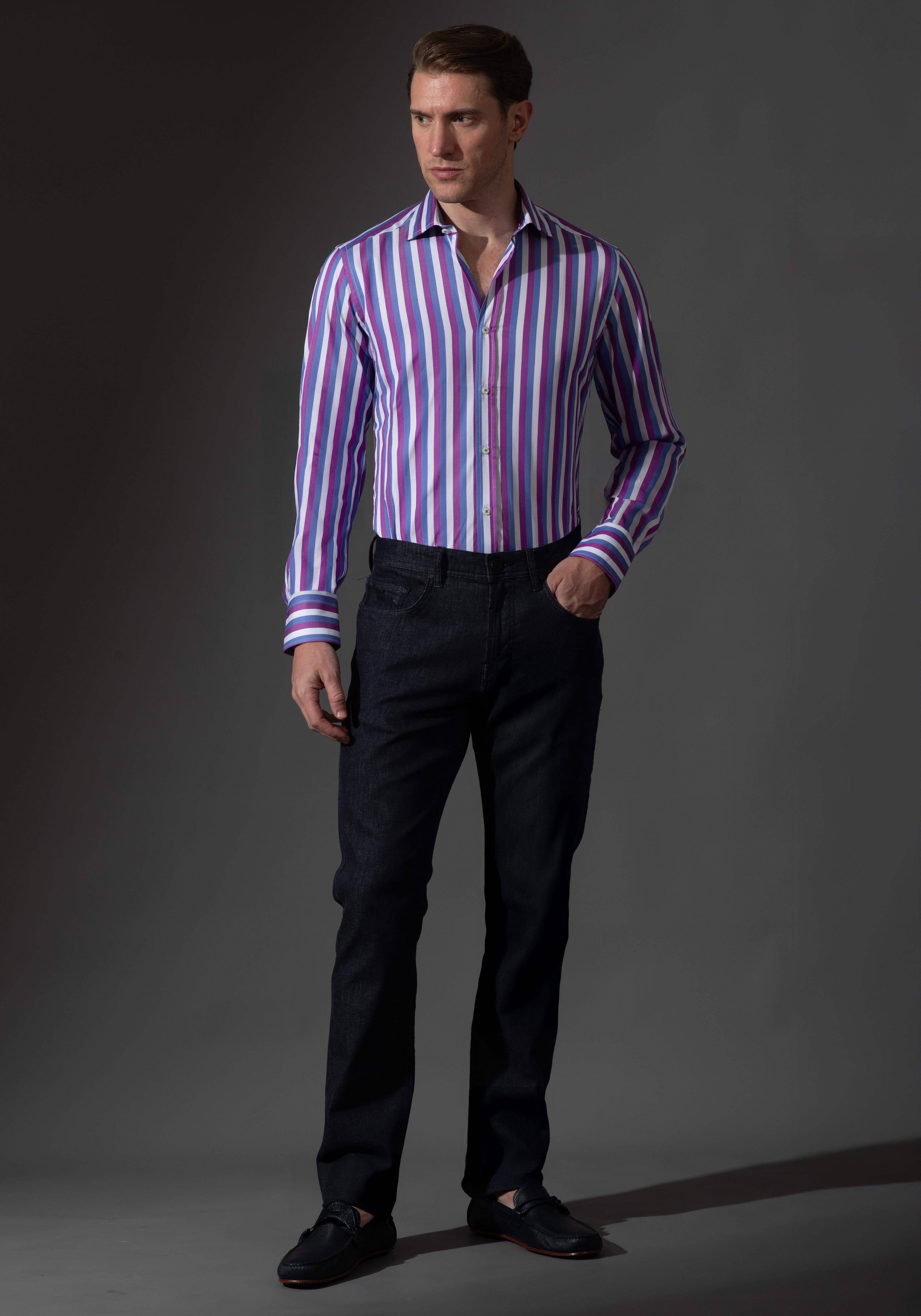 Giza 87 Cotton Parti-Colored Stripe Fine Twill Shirt