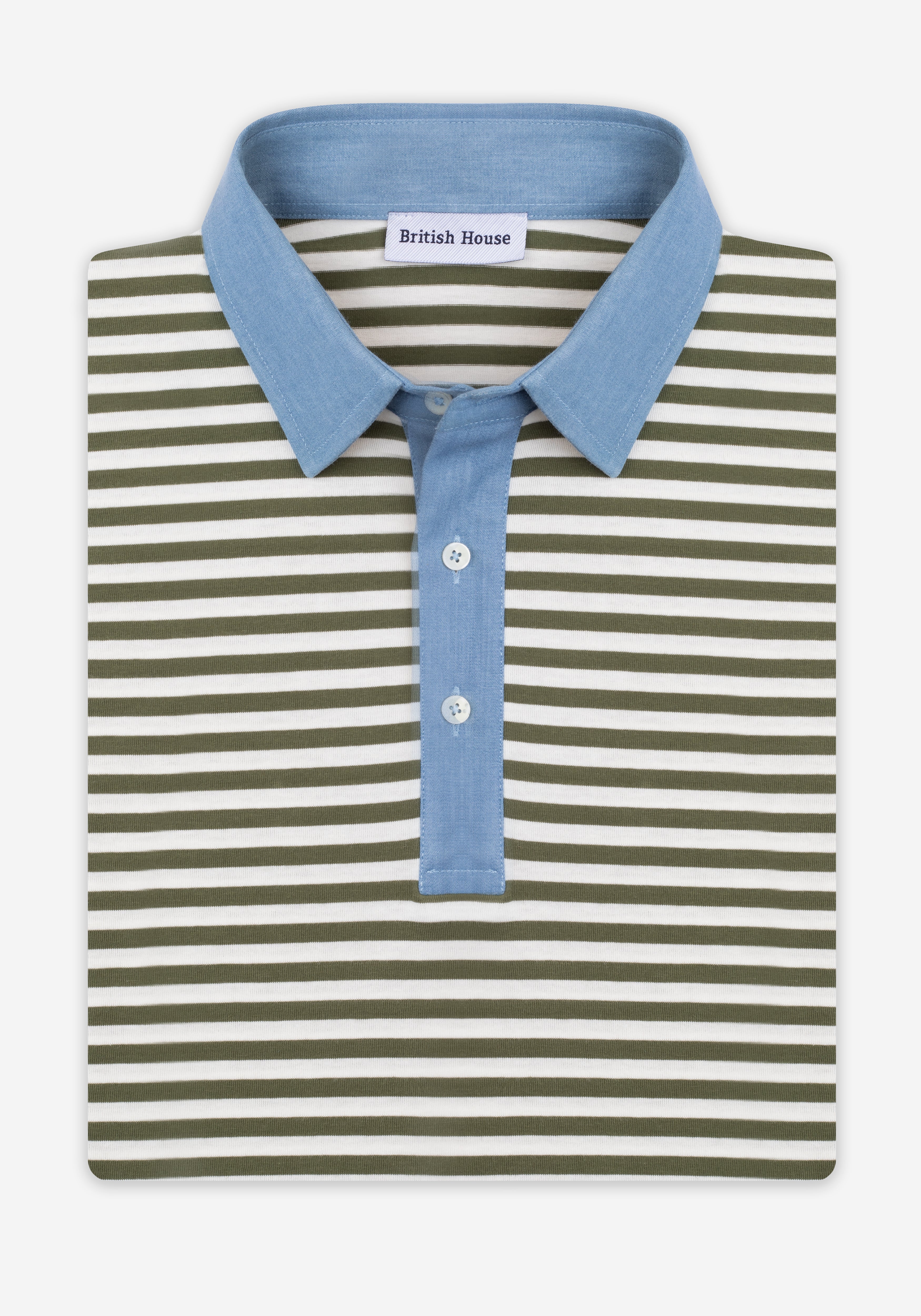 Army Green Stripe Cotton Polo Shirt - Long Sleeve