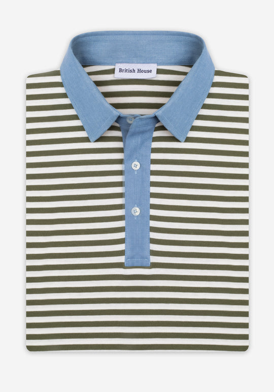 Army Green Stripe Cotton Polo Shirt - Long Sleeve