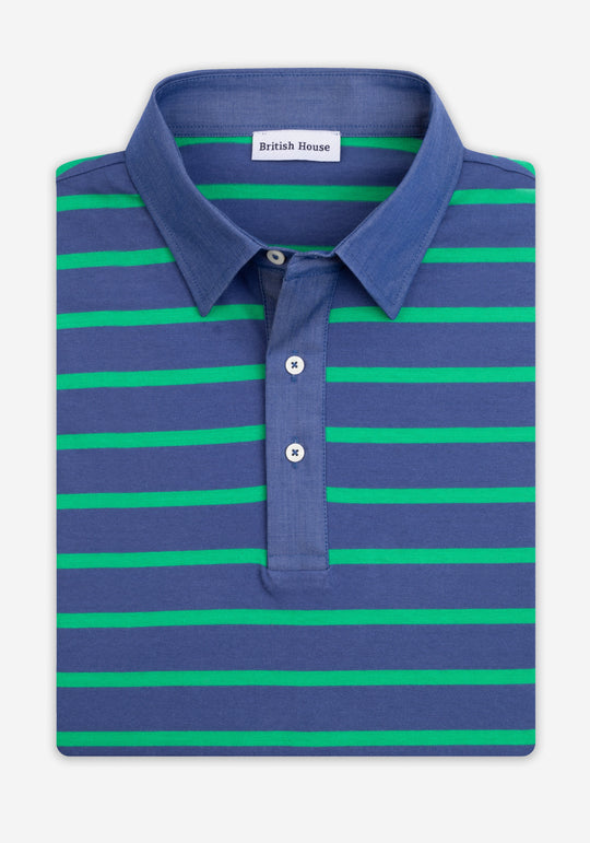 Verdant Navy Stripe Cotton Polo Shirt - Long Sleeve