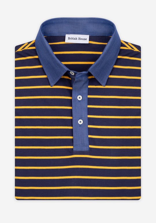 Midnight Yellow Stripe Cotton Polo Shirt - Long Sleeve