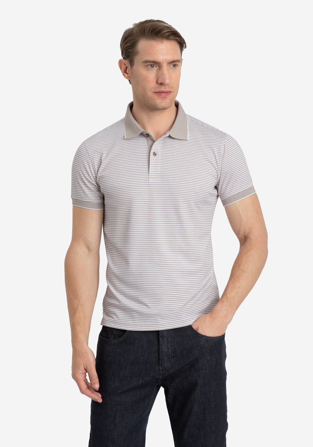 Flax Beige Stripe Cotton Polo Shirt