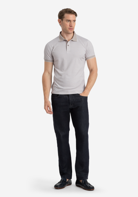Flax Beige Stripe Cotton Polo Shirt