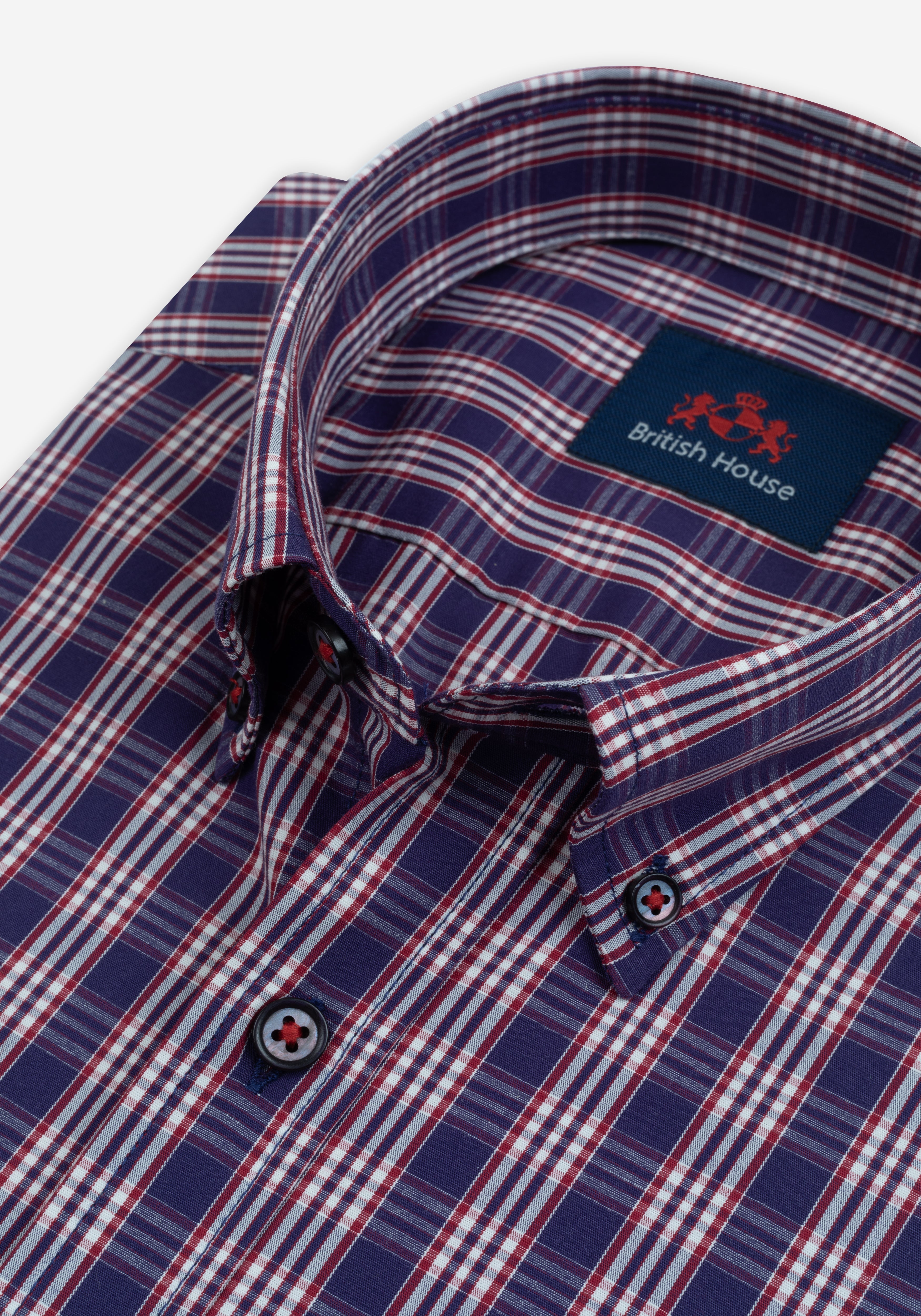 Deep Navy Red Checked Twill Shirt