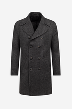 Charcoal Black Double-Breasted Herringbone Coat