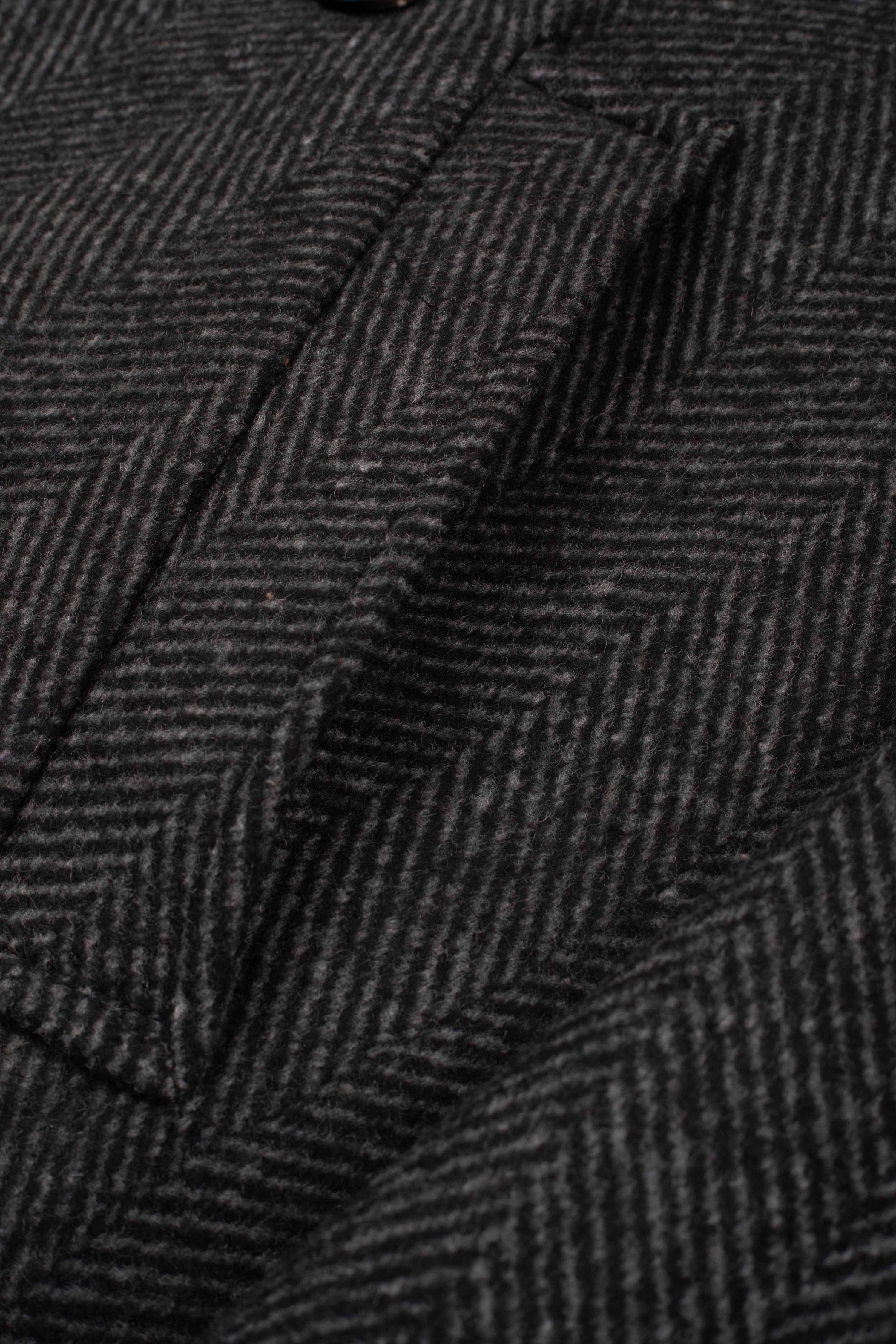 Charcoal Black Double-Breasted Herringbone Coat