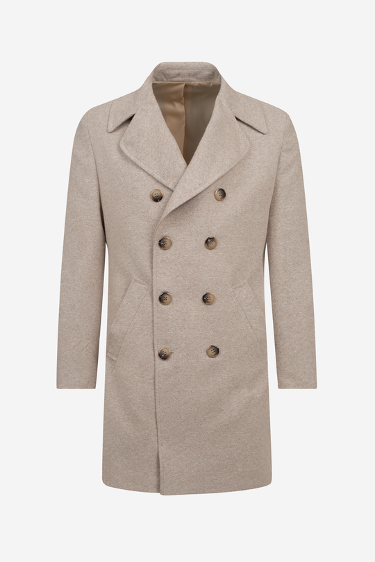 Ivory Beige Double-Breasted Herringbone Coat