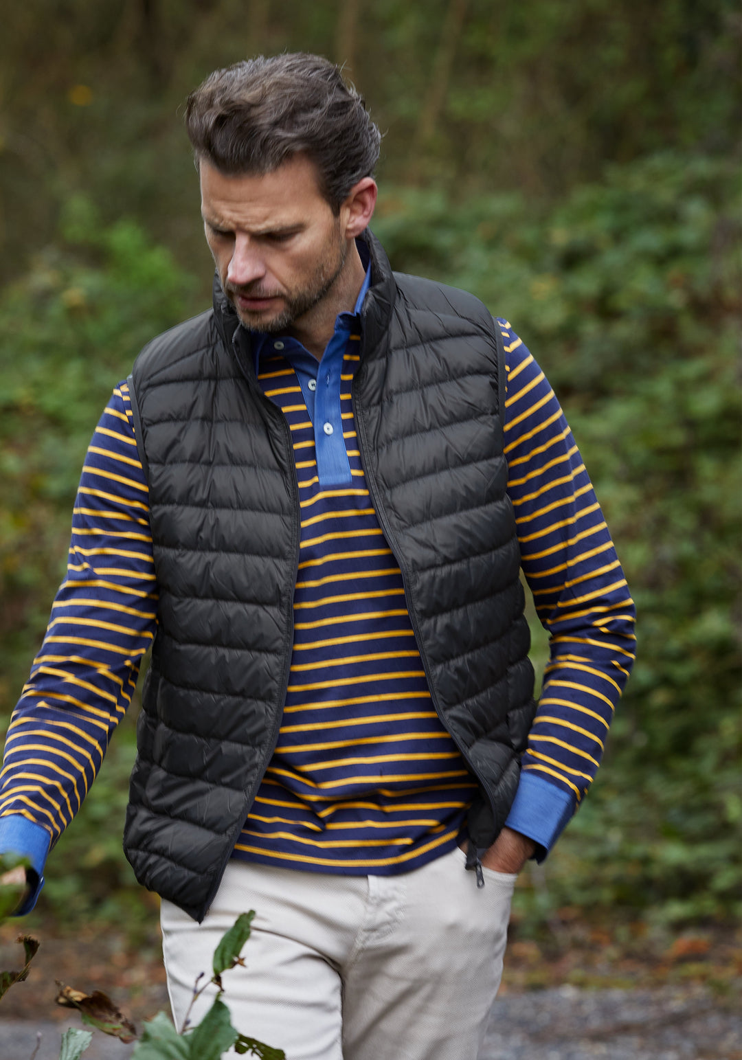 Midnight Yellow Stripe Cotton Polo Shirt - Long Sleeve