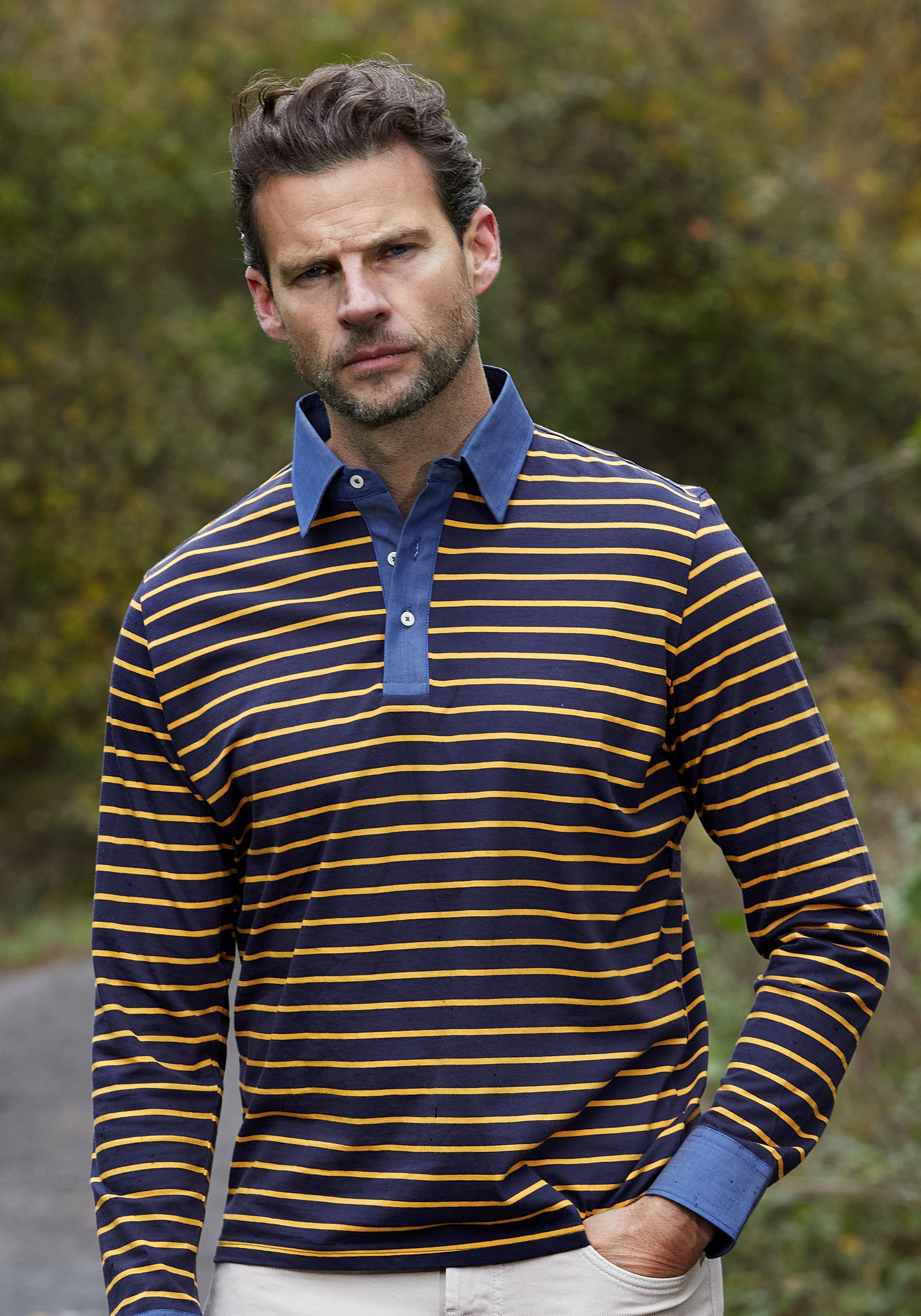 Midnight Yellow Stripe Cotton Polo Shirt - Long Sleeve