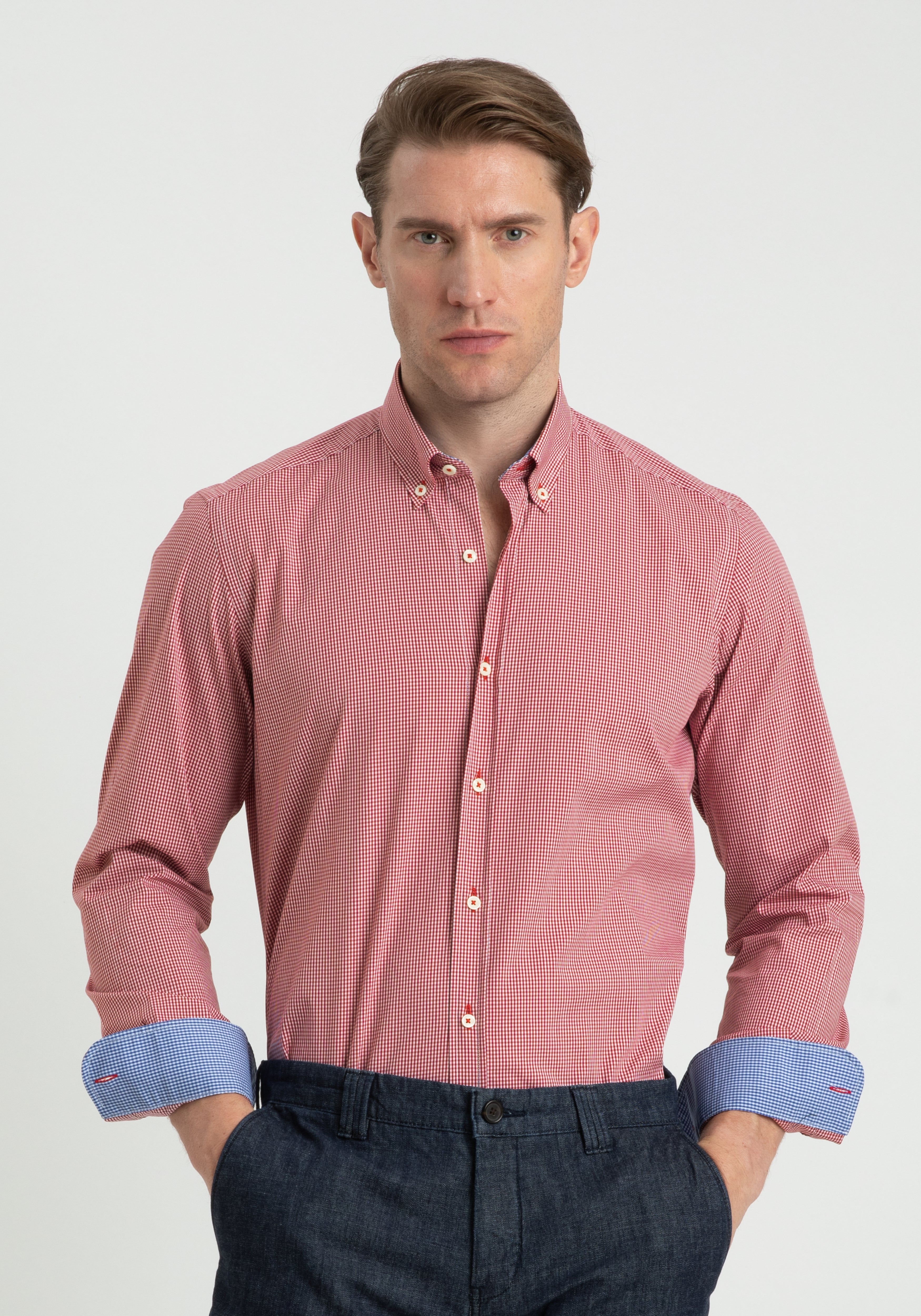 Bright Red Checked Cotton Lycra Shirt